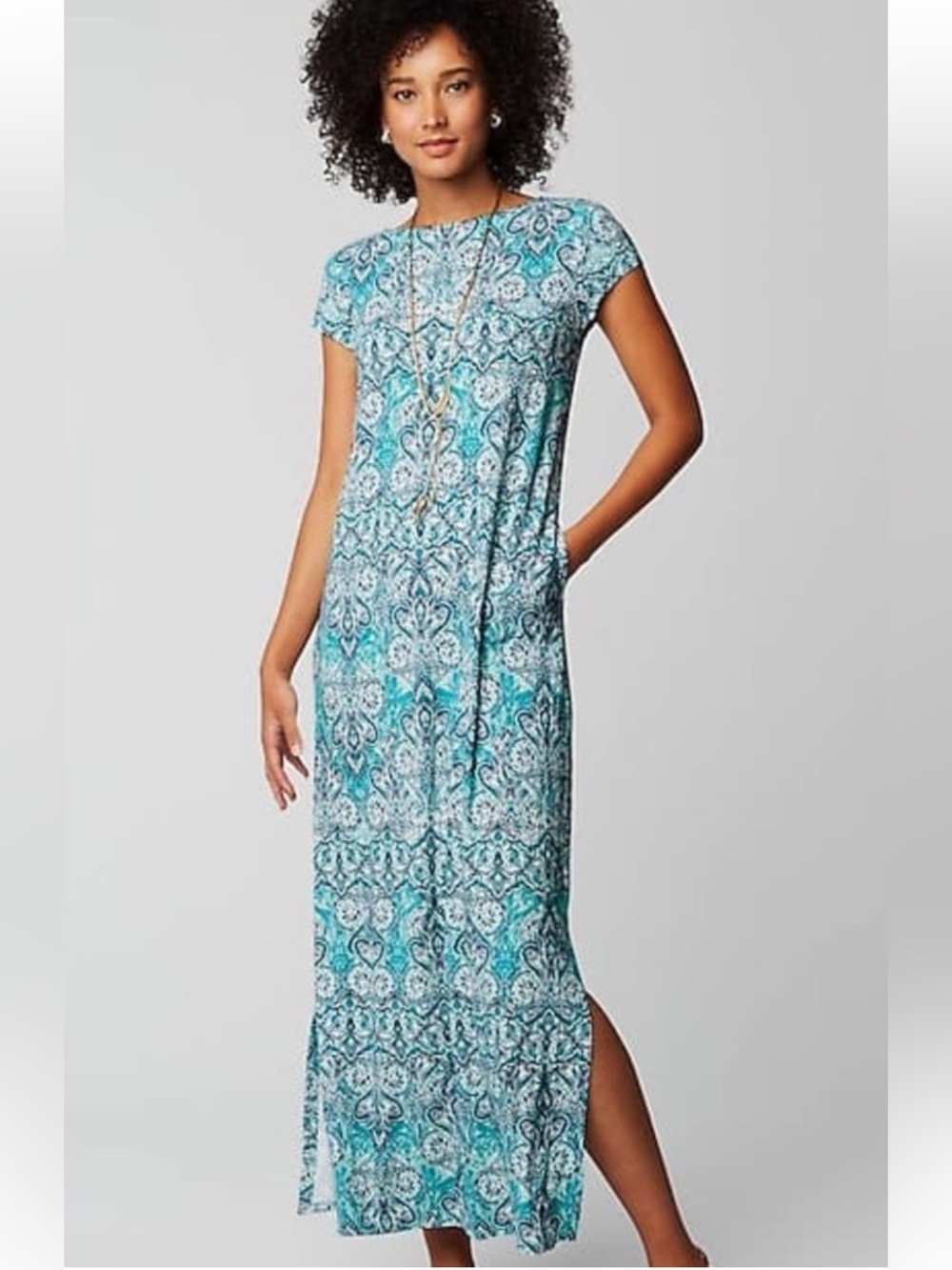 J. Jill Teal Printed Short-Sleeve dress side slits stretch medium pockets